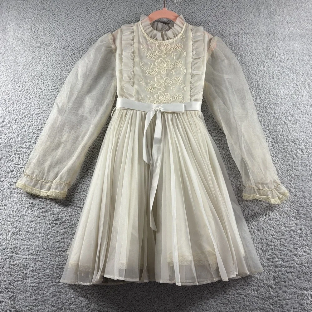 Vintage Madonna by Haddad Dress Girls 7 Ivory White Lace Sheer Ruffles USA
